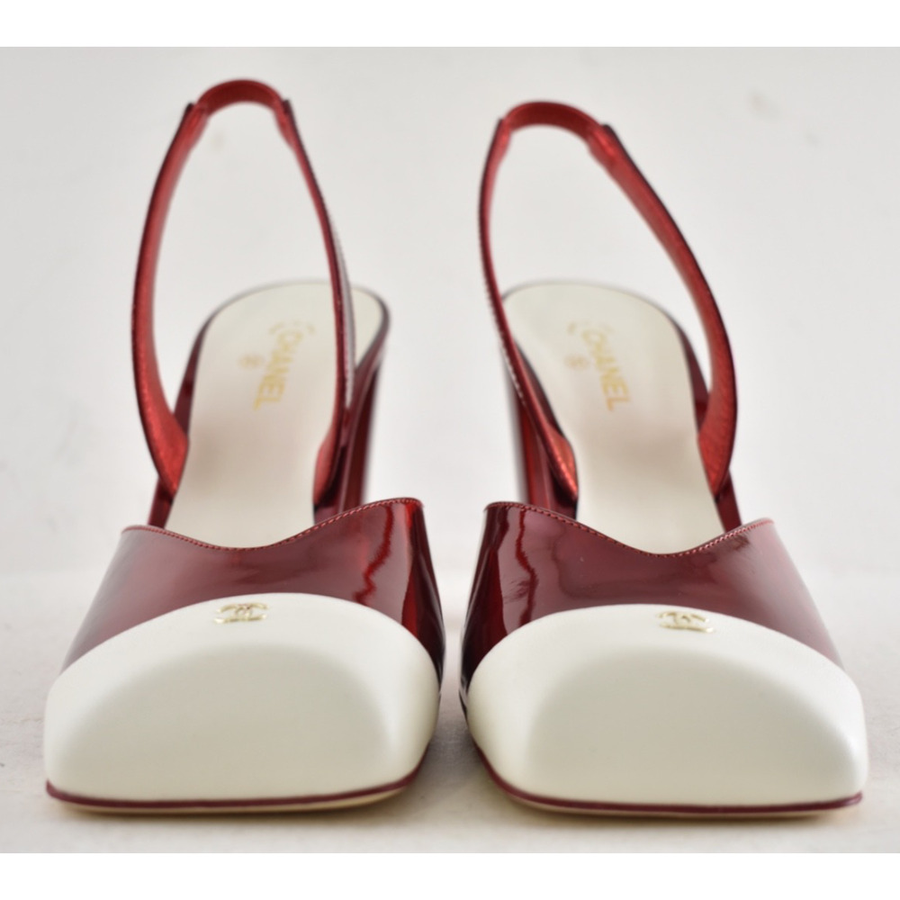 Chanel 26S Blazy Red White Square Toe Sling CC Logo Slingback Block Heel Pump 38 - Picture 12 of 16